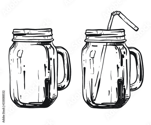 Glass transparent vintage doodle mason jar Isolated on the white background. Vector hand drawn illustration.