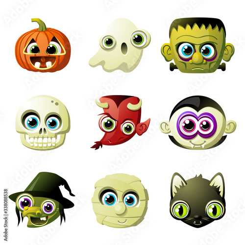 Vector set of Halloween character heads that includes a pumpkin, a ghost, a zombie, a skeleton, a devil, a vampire, a witch, a mummy and a zombie black cat.
