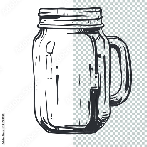 Glass transparent vintage doodle mason jar Isolated on the white background. Vector hand drawn illustration.