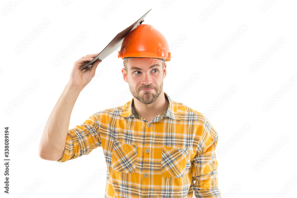 Mind your head. Mind your safety. Builder in safety helmet protect head with clipboard. Construction safety and health. Building safety on site. Safe construction practice. Building and constructing Mind your head. Mind your safety. Builder in safety helmet protect head with clipboard. Construction safety and health. Building safety on site. Safe construction practice. Building and constructing