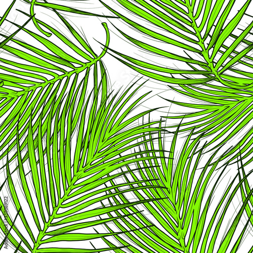Green vector palm leaves. Seamless design pattern on the white background