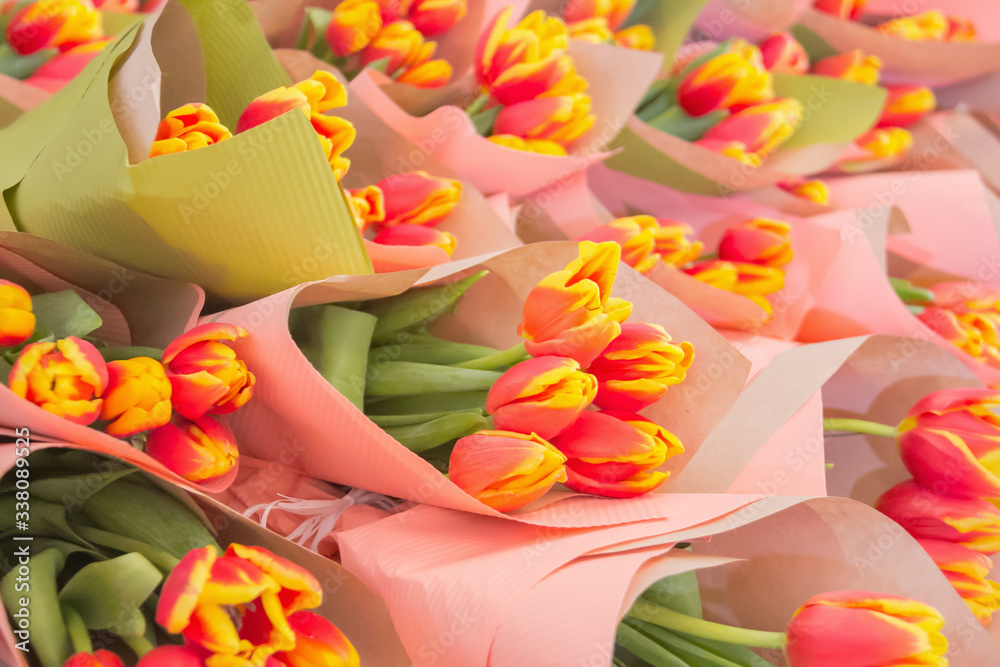 Background of bukets of red and yellow tulips