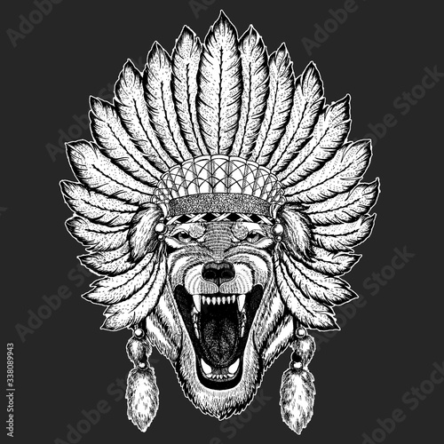 Wolf portrait. Head of wild animal. Indian tribal traditional headdress with feathers.