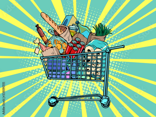 a grocery cart full of purchases