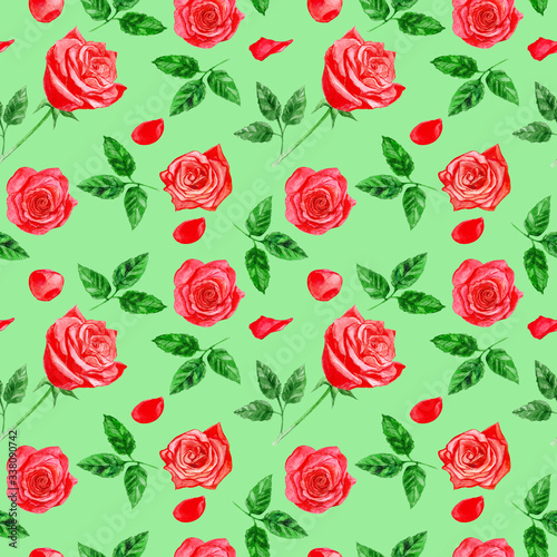 Red roses with leaves and petals on a green background. Watercolor floral seamless pattern. Design for fabric, textile, packaging, wallpaper.