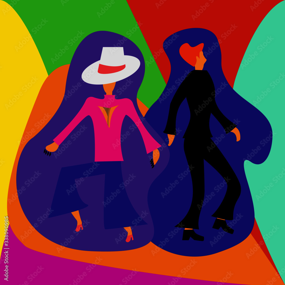 The man and woman are standing on abstract color background. The man and woman are standing on abstract color background.