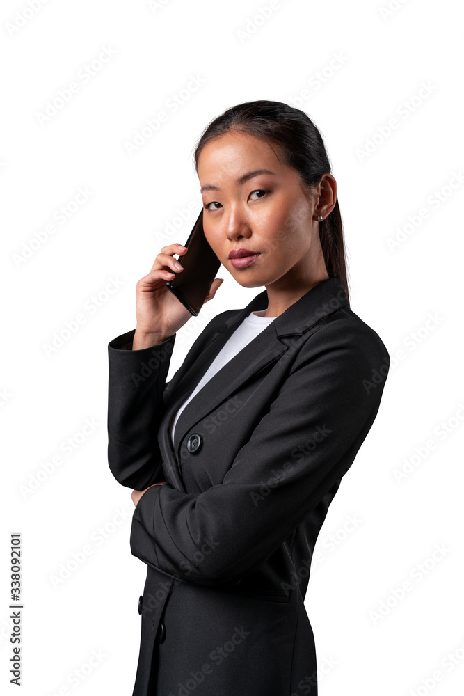 Beautiful asian business woman talking on the phone. Isolated on white background. Beautiful asian business woman talking on the phone. Isolated on white background.