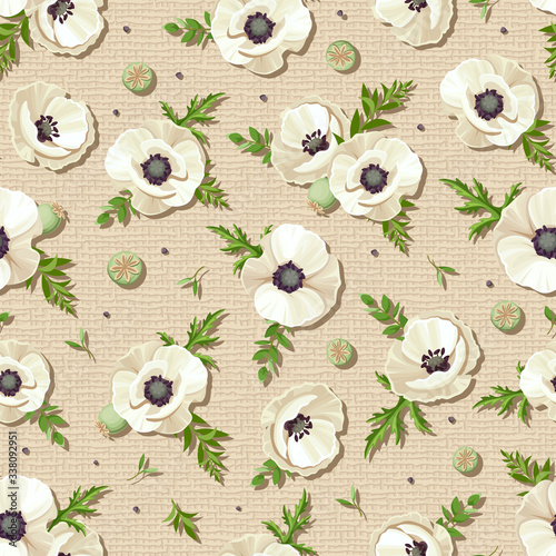 Vector seamless pattern with white poppies on a sacking background.