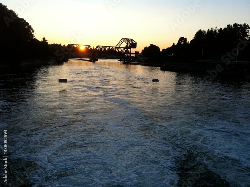 Hydraulic dam lock river bridge construction sunset