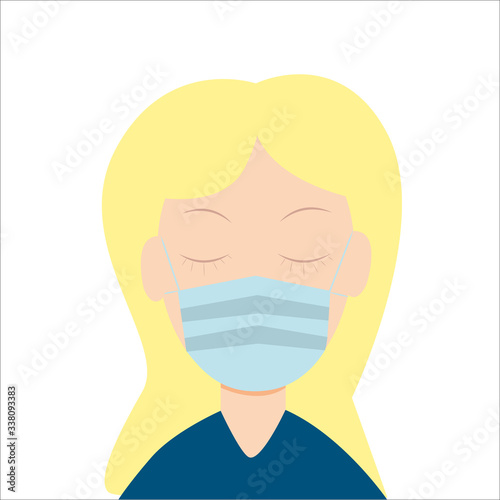 Blond girl with protective medical face mask preventing flu and virus.