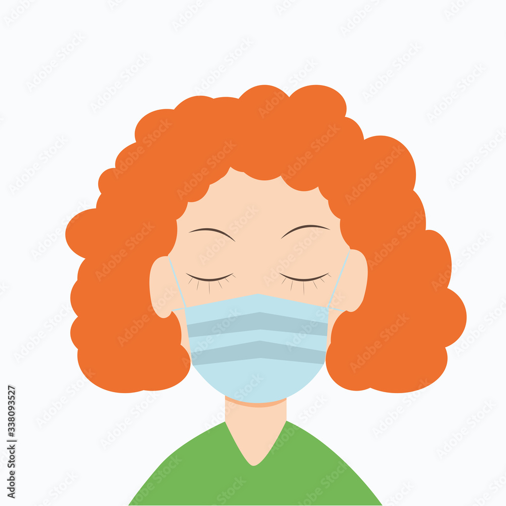 Red haired girl wearing medical mask to protect her health from virus and flue. Vector illustration
