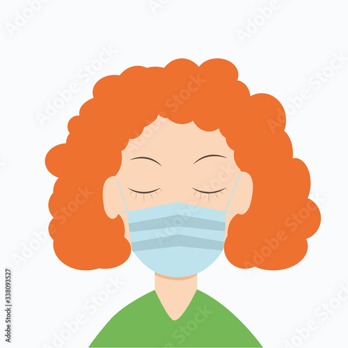 Red haired girl wearing medical mask to protect her health from virus and flue. Vector illustration