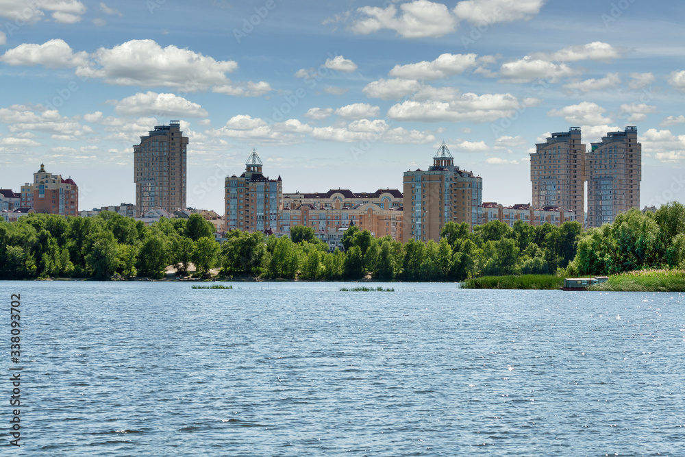 Obolon residential district abd Dnieper river in Kyiv, Ukraine.