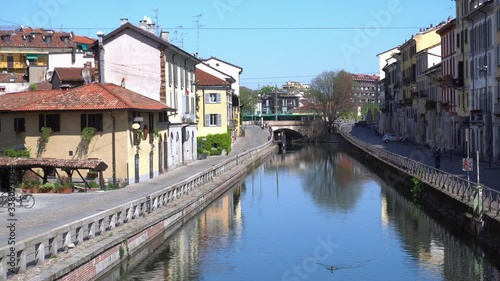 Italy , Milan -  Navigli Canals ( Alzania Naviglio Pavese ) Downtown of the city empty of people during n-cov19 Coronavirus outbreak epidemic quarantine home  photo