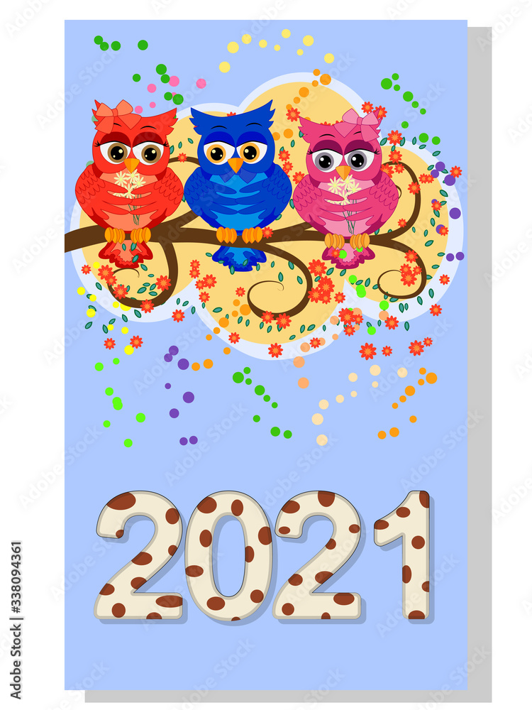 Calendar 2021. Cute calendar with funny cartoon owls Calendar 2021. Cute calendar with funny cartoon owls