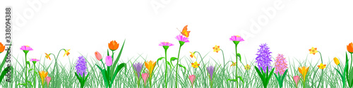 Background seamless extendable to endless pattern of colored spring flowers: hyacinth, tulip, crocus, narcissus. Vector
Isolated illustration on white background in flat style.
