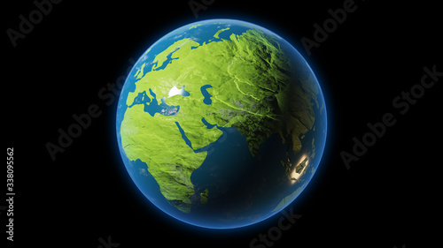 Earth planet isolated on black background. Clipping path included. 3D rendering.