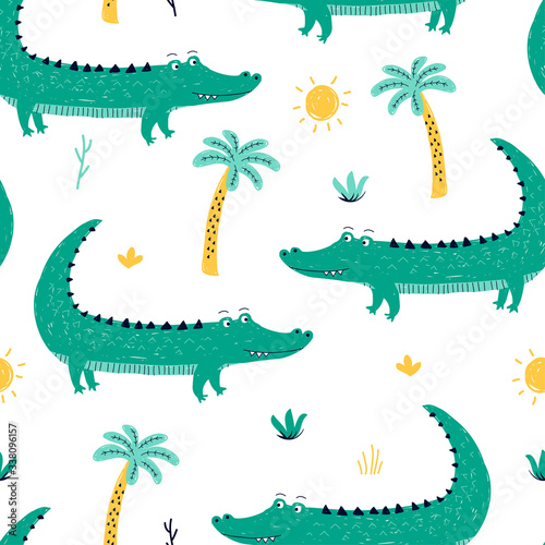 Hand drawing crocodile seamless pattern vector illustration.