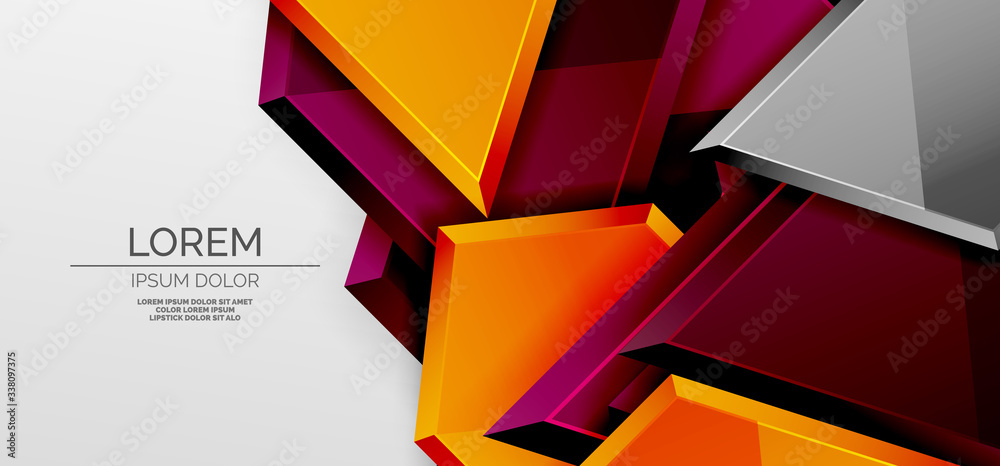 Metal glossy shiny geometric shapes with 3d effect composition. Techno futuristic vector abstract background For Wallpaper, Banner, Background, Card, Book Illustration, landing page