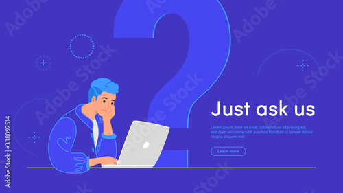Upset and bored teenager sitting with laptop and big question symbol behind