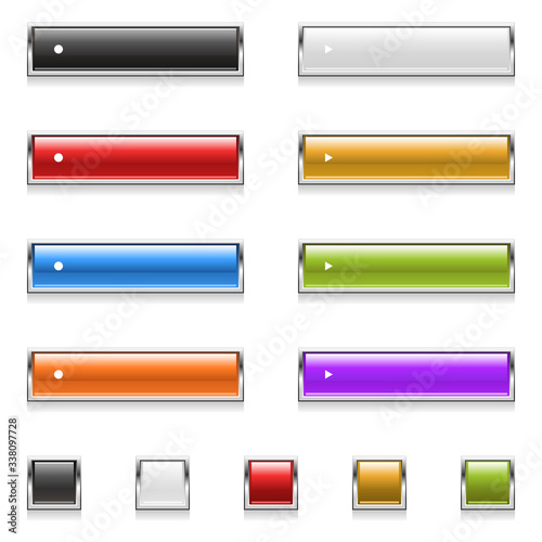 Vector set of rectangular and square chrome buttons in various colors (black, white, red, yellow, blue, green, orange, purple) isolated on white. Blank and easily editable.