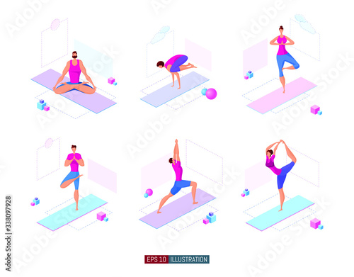 Trendy flat illustration. Yoga poses set. Yoga Lifestyle. Man and woman doing yoga. Activity. Fitness. Template for your design works. Vector graphics.