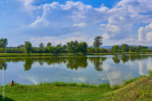 Fototapeta Naklejka Na Ścianę i Meble -  landscape with lake, trees and blue sky with clouds