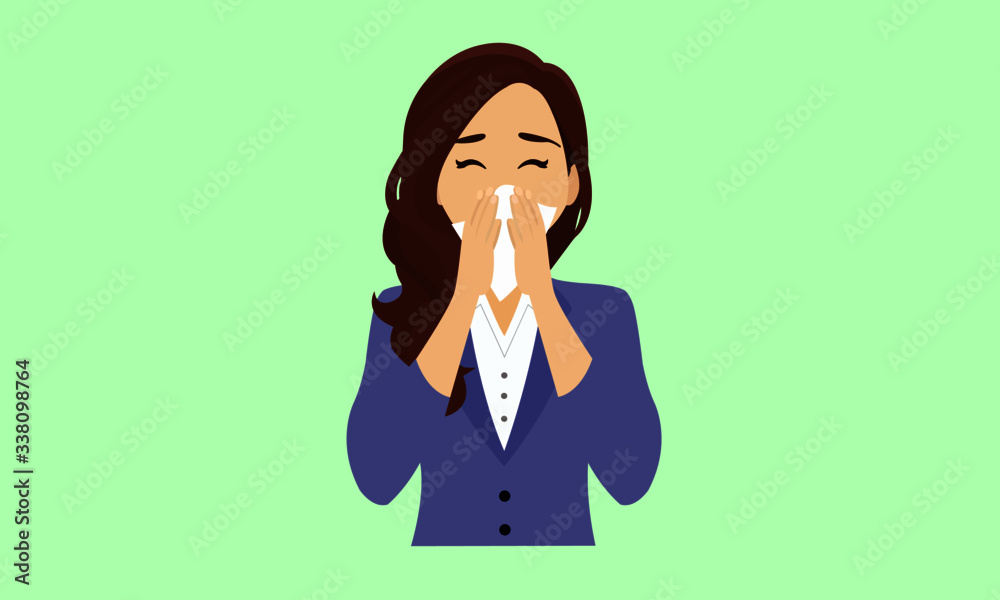 A woman sneezing in handkerchief. With symptoms similar to fever.Illness,disease symptoms concept.