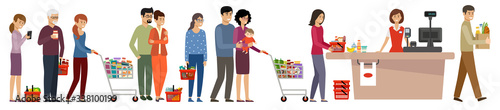 Grocery store queue. People with shopping carts and basket with food