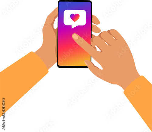 Illustration concept of addiction to social networks and blogs. Hand with Like icon vector. Love on social networks, relationships at a distance. Vector illustration