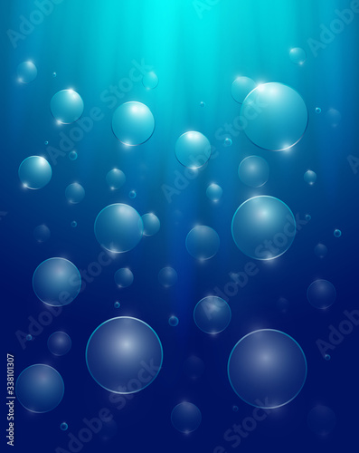 Sea landscape underwater space, realistic vector, abstract underwater background with sunlight and air bubbles in water.