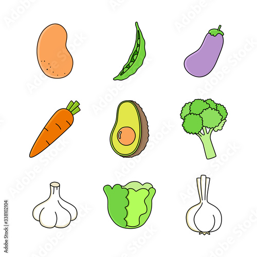 Healthy food illustration. Vegetables color icons. Organic food set. Food concept