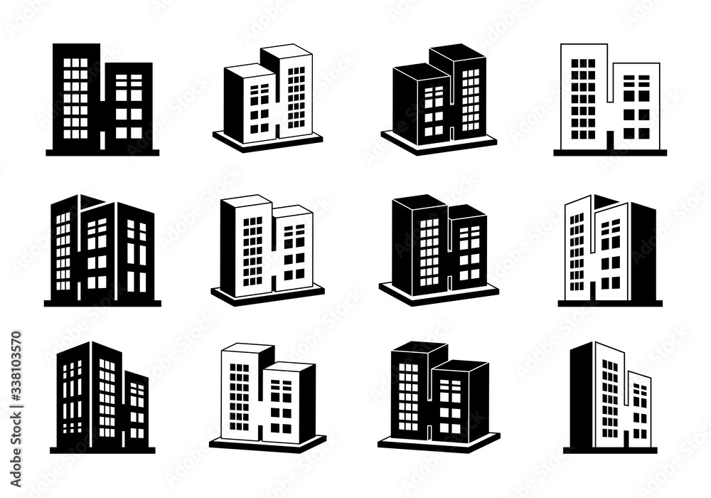 Icons building set on white background, Silhouette company collection, Vector bank and office