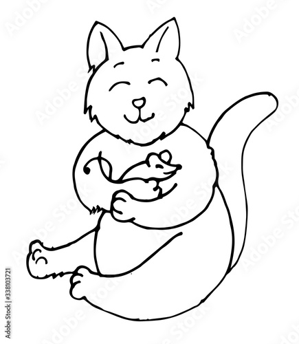 Hand drawing cat is friends with mouse. Outline. Vector. Drawn in pencil  ink  felt-tip pen  marker on paper. Careless quick sketch. Comic cartoon style. Black and white. Isolated on white background.