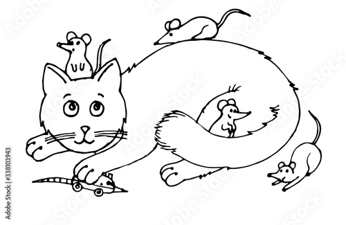 Hand drawing. Cat catches only a toy mouse. Outline. Vector. Drawn in ink, felt-tip pen, marker on paper. A careless quick sketch. Comic cartoon style. Black and white. Isolated on a white background.
