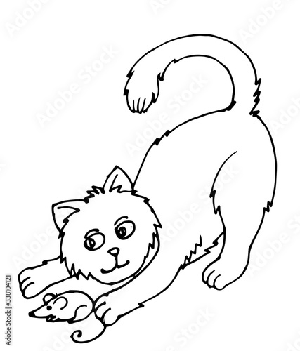 Hand drawing. The cat is stretching. Outline. Vector. Drawn in pencil, ink, felt-tip pen, marker on paper. A careless quick sketch. Comic cartoon style. Black and white. Isolated on a white background