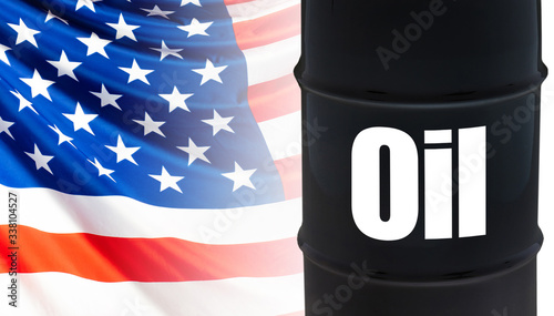 Oil barrel on the background of the us flag. Crude oil production in America. Export of petroleum products from the USA. The export of American oil. The situation in the American fuel market. photo