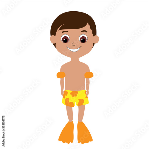 Happy smiling tanned boy in bright yellow shorts, flippers and rubber sleeves. A character in a children's style shows a summer holiday and fun.