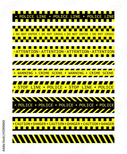 Police tape warning danger set isolated. Barricade tape, Do not cross, police crime scene line yellow official crime scene barrier tape. Vector realistic style with shadow and reflection © lonabon