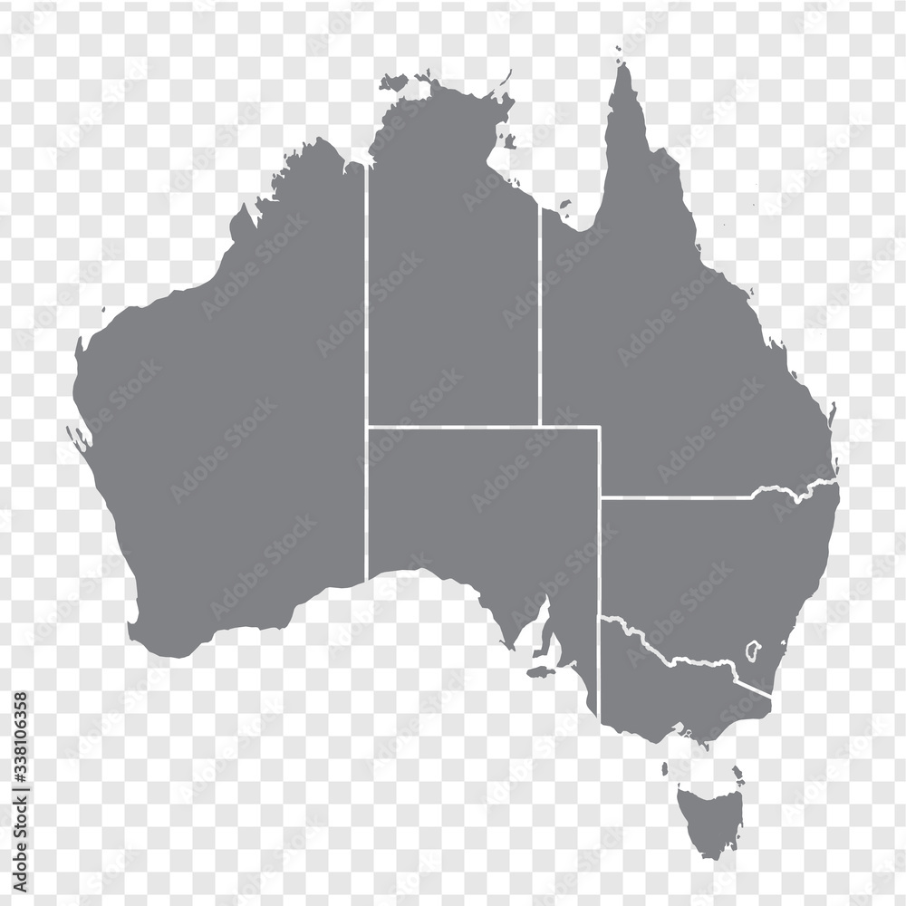 Blank map of Australia. Map of australian states. High detailed gray vector map of Australia on