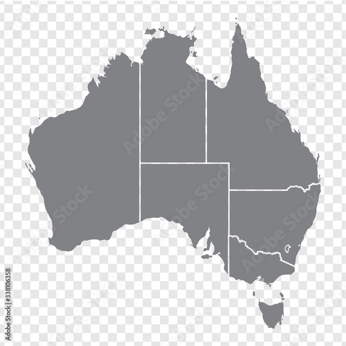 Blank map of Australia. Map of australian states. High detailed gray vector map of  Australia on transparent background for your web site design, logo, app, UI. EPS10. 