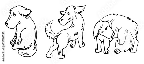 Sad lonely stray dogs. Vector is isolated on a white background. Hand drawn picture.