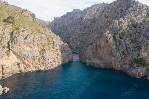 Drone shot of sa calobra beach from sea side.Beautiful destination in Mallorca.