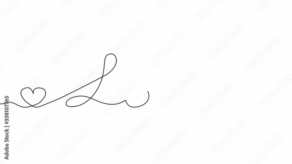 Self drawing animation of continuous one line drawing of isolated object - word text love cursive. Word and heart