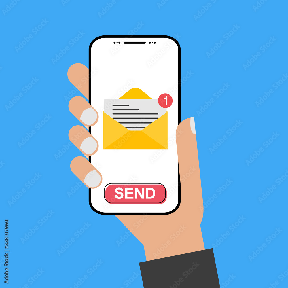 Modern design style hand holding the smartphone with e-mail screen - send it! Modern design style hand holding the smartphone with e-mail screen - send it!