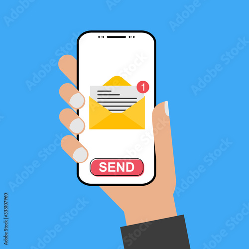 Modern design style hand holding the smartphone with e-mail screen - send it!
