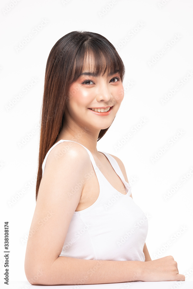 Side view of Beautiful Asian woman smile with clean and fresh skin Happiness and cheerful with positive emotional,isolated on white background,Beauty and Cosmetics Concept Side view of Beautiful Asian woman smile with clean and fresh skin Happiness and cheerful with positive emotional,isolated on white background,Beauty and Cosmetics Concept