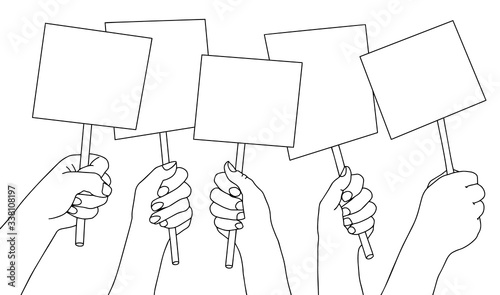 Set hands holding blank placard. Copy space for text. Poster empty, protest announcement board. Outline vector illustration