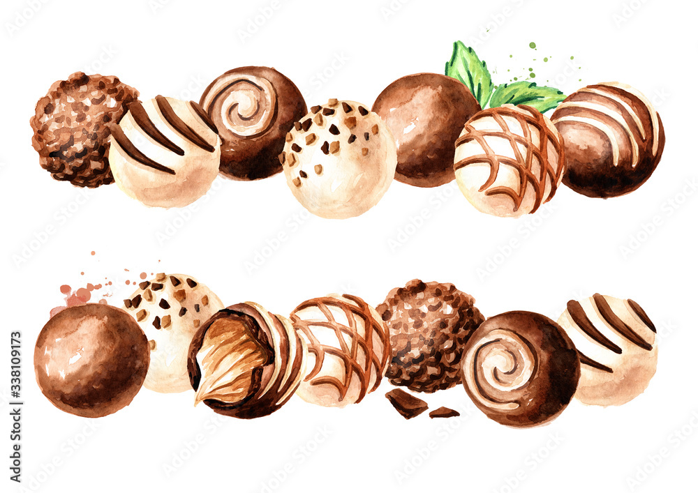 Chocolate candy, truffle with soft caramel praline filling. Hand drawn watercolor illustration, isolated on white background