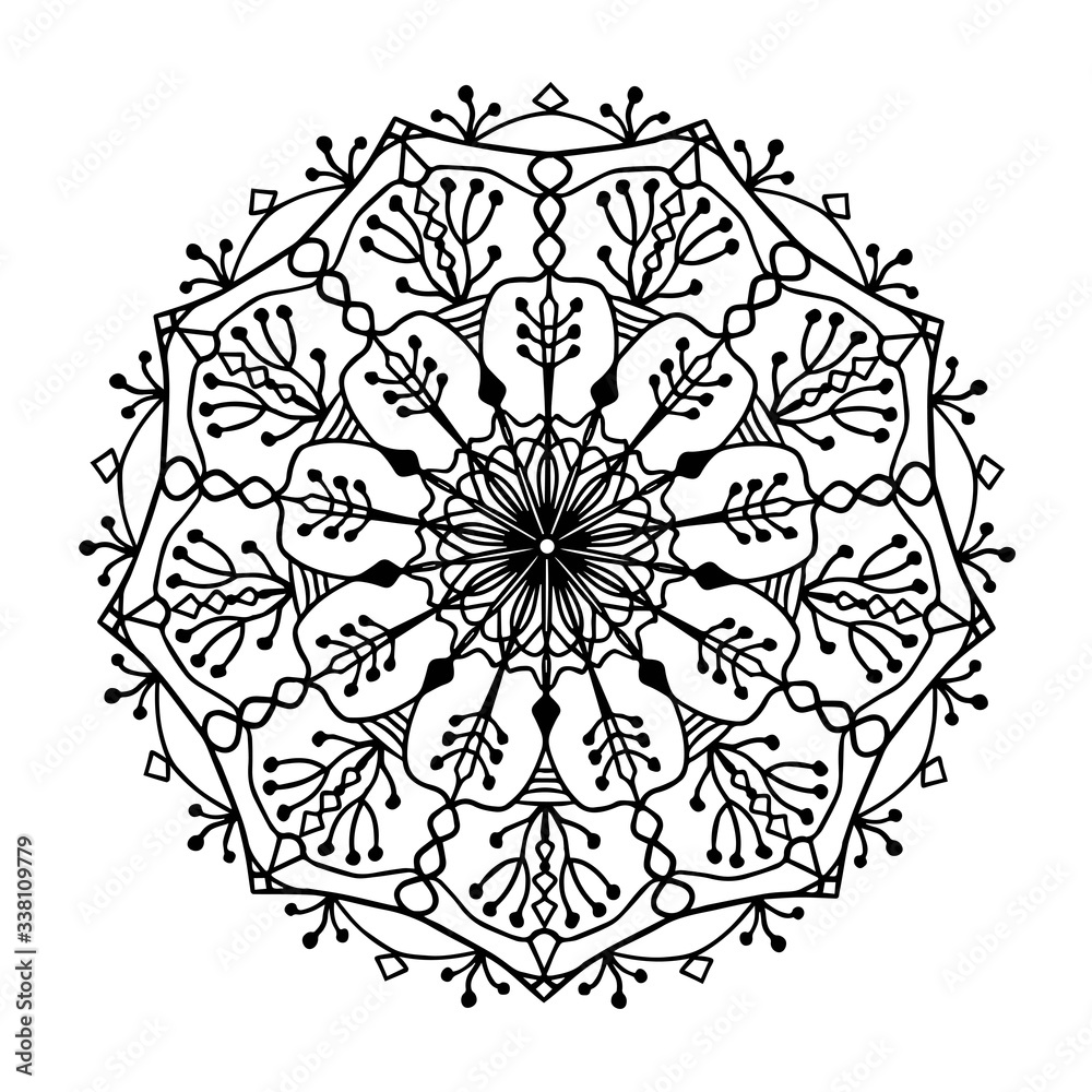 Vector illustration. Abstract mandala graphic design, decorative elements isolated on white color background for ancient geometric concepts.
